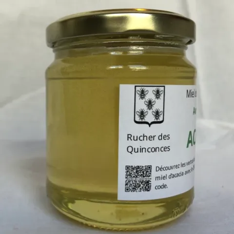 Pot de 250gr de miel acacia, printemps 2025, face1